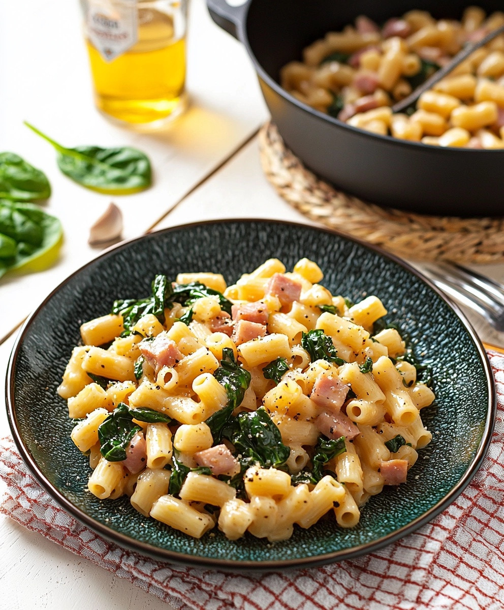 pasta tortiglioni jambon épinards