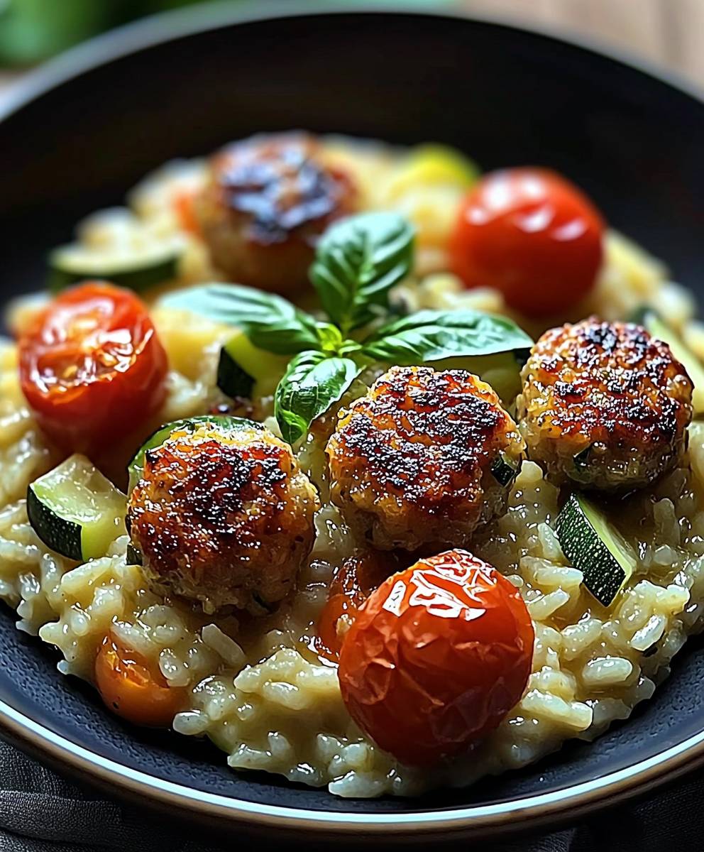 Risotto pâtes courgettes tomates boulettes