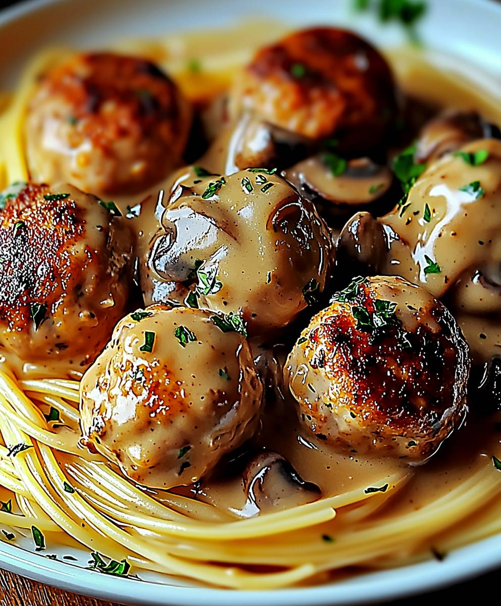 Spaghetti boulettes poulet sauce champignons