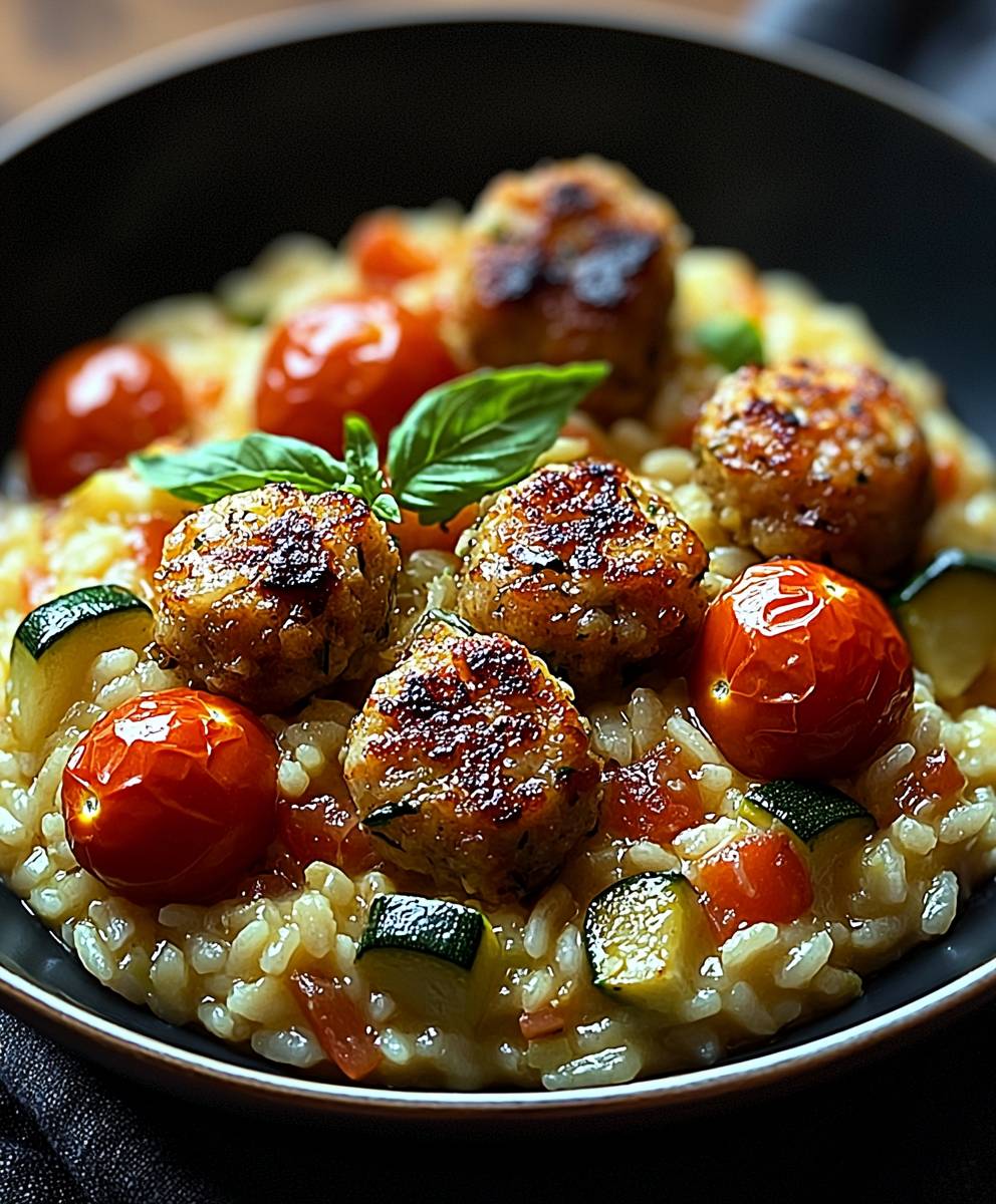 Risotto pâtes courgettes tomates boulettes