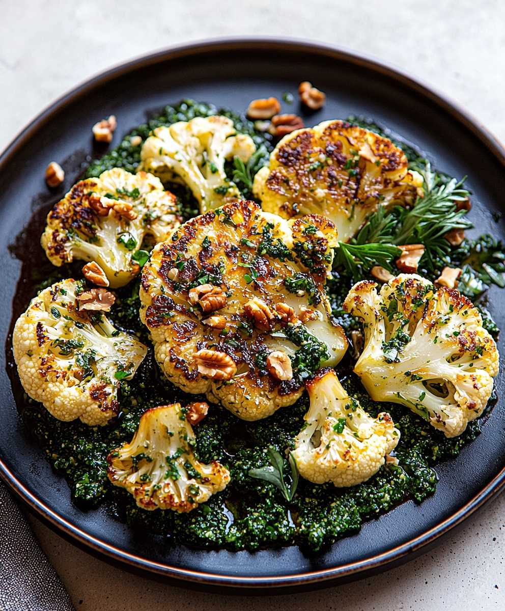 Steak chou fleur pesto noix