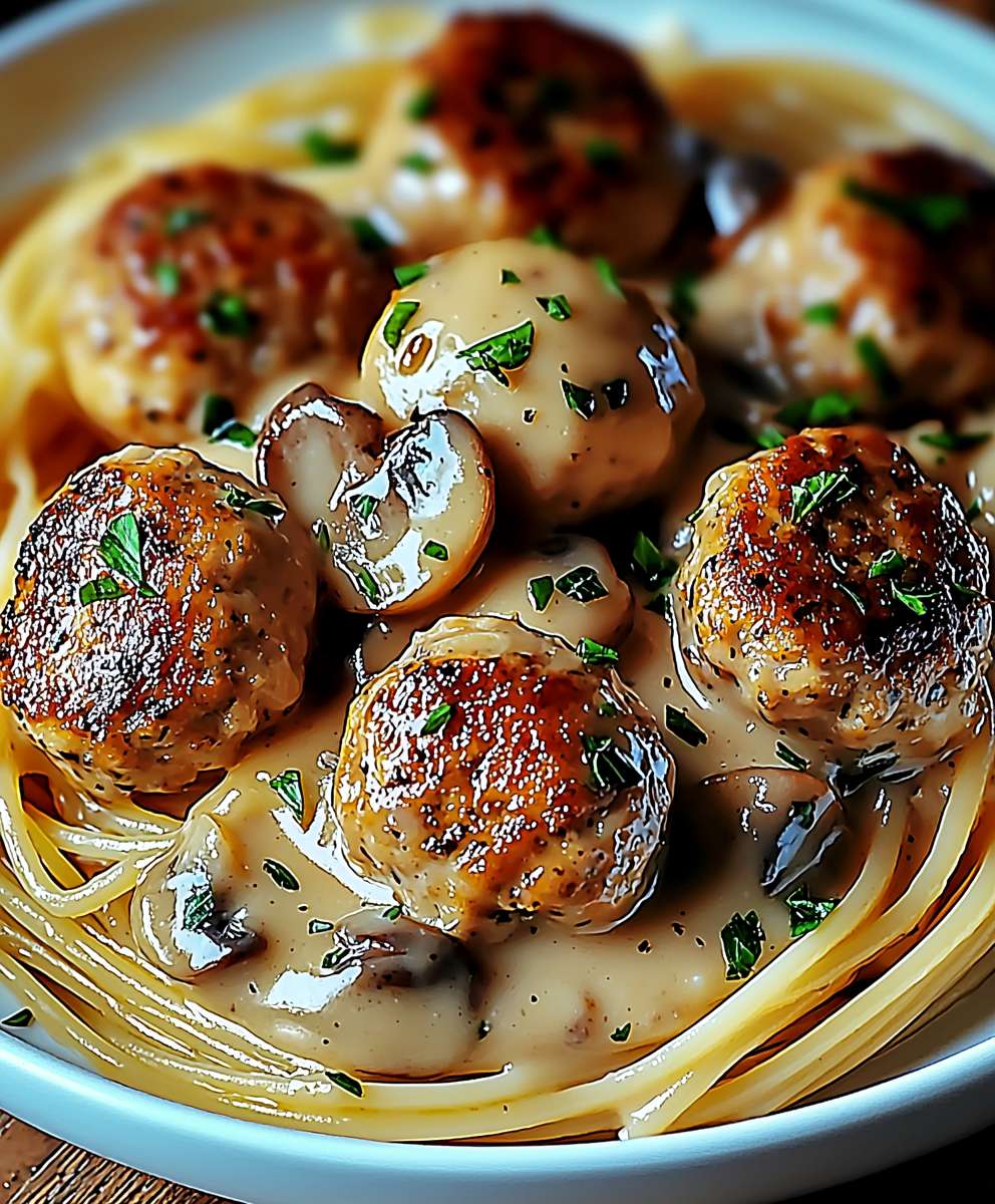 Spaghetti boulettes poulet sauce champignons