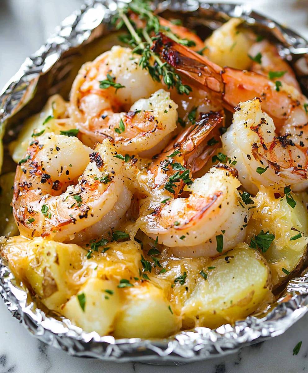 Crevettes crémeuses ail pommes terre