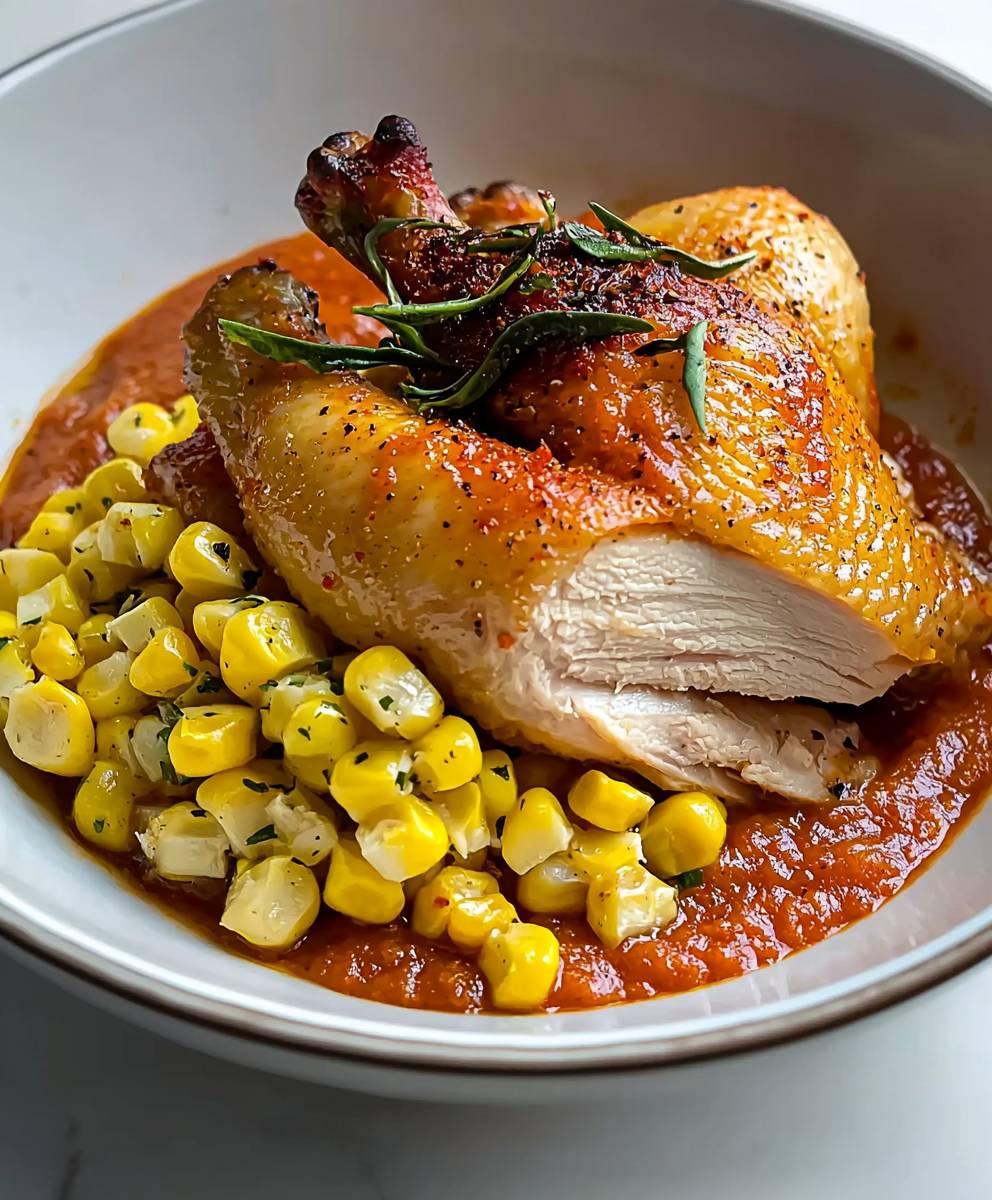 Poulet rôti romesco maïs crémeux