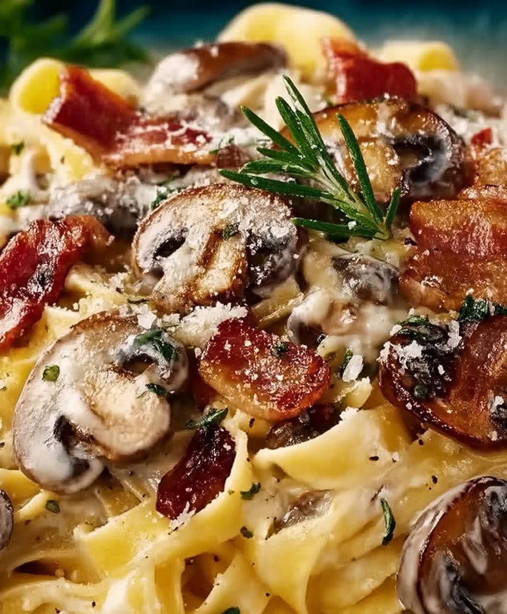 Tagliatelles crémeuses bacon champignons