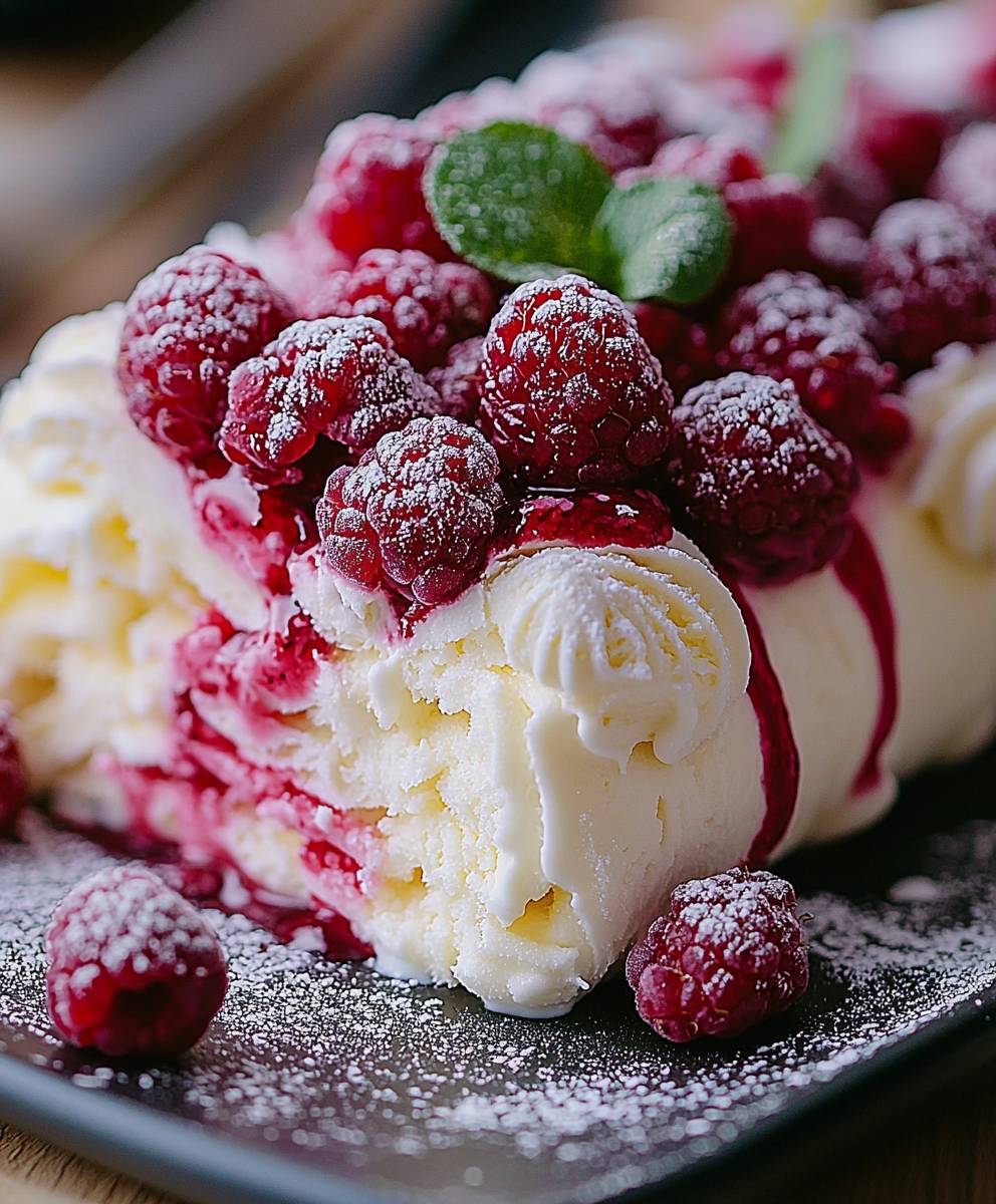 Bûche glacée vanille framboise meringues