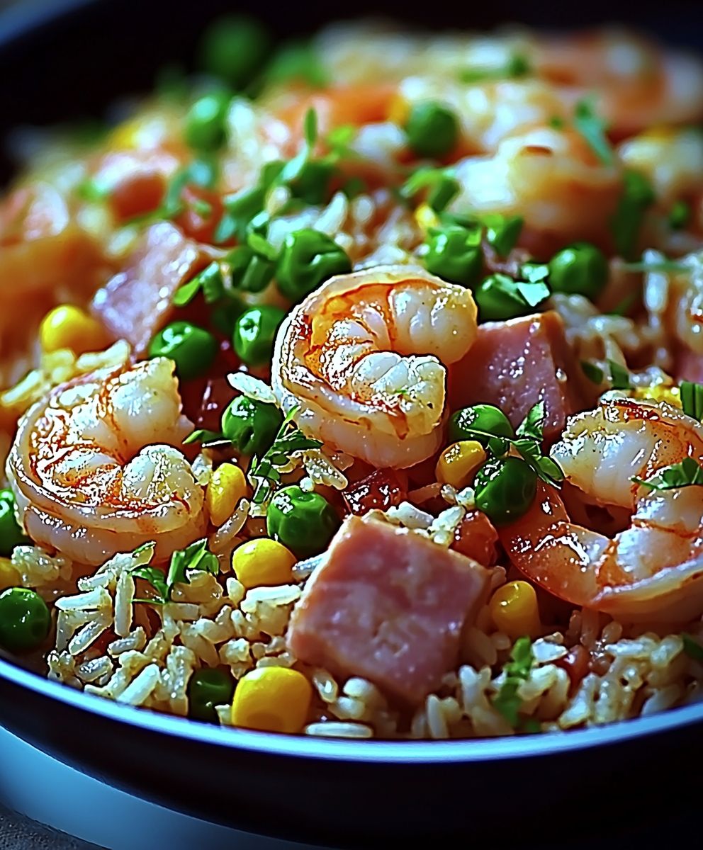 Riz sauté jambon crevettes