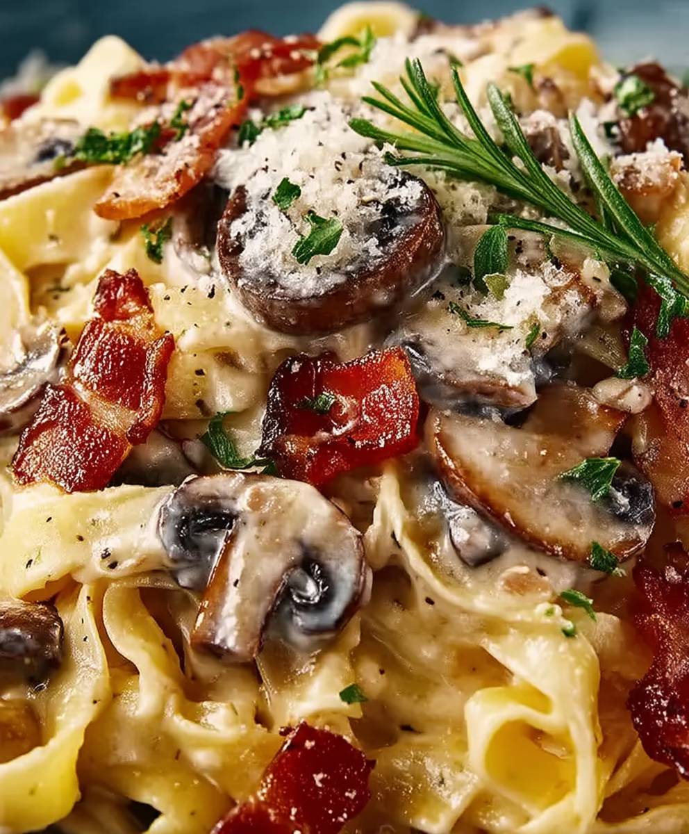 Tagliatelles crémeuses bacon champignons