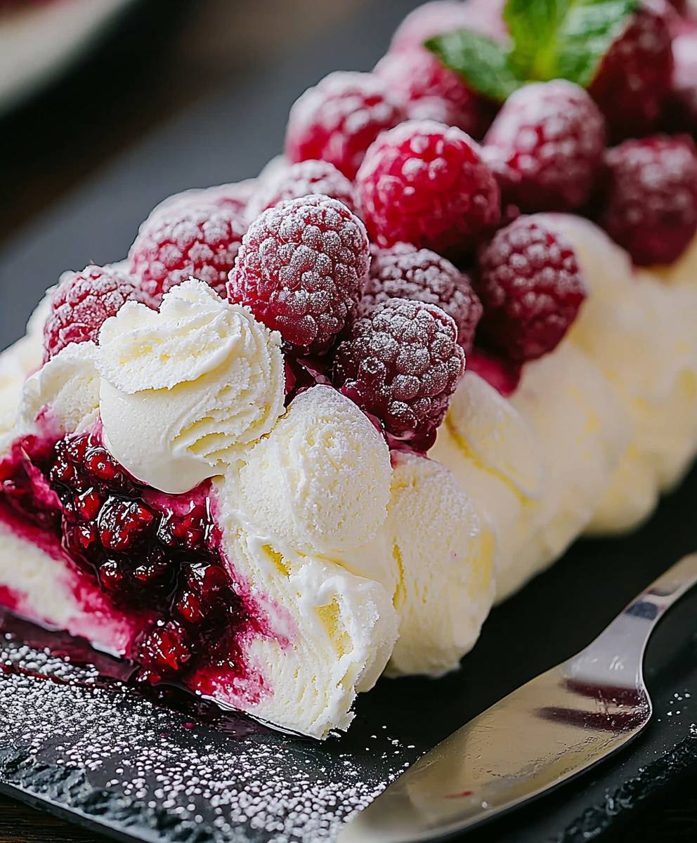 Bûche glacée vanille framboise meringues