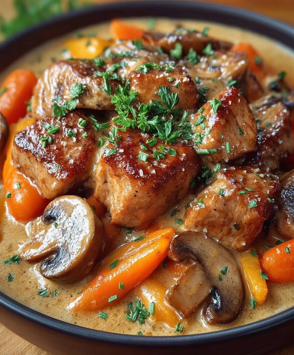 Poêlée porc champignons carottes crémeuse