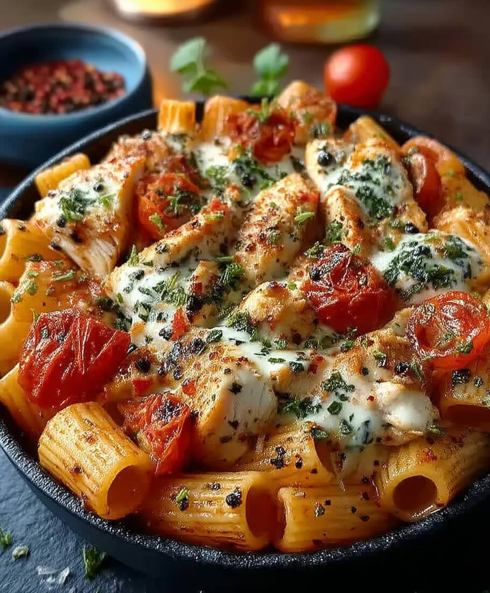 Pâtes poulet mozzarella tomates