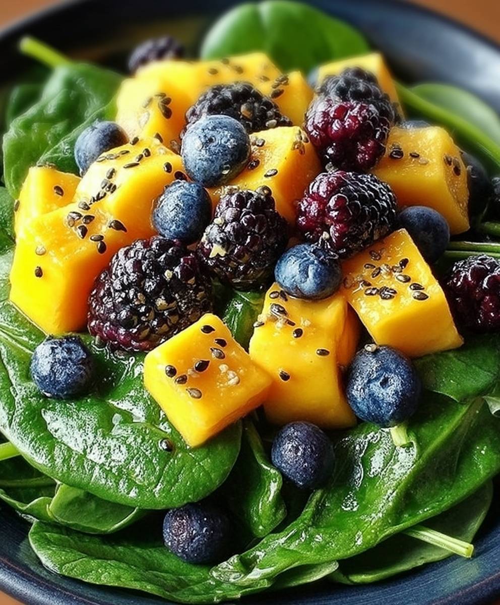 Salade mangue épinards myrtilles