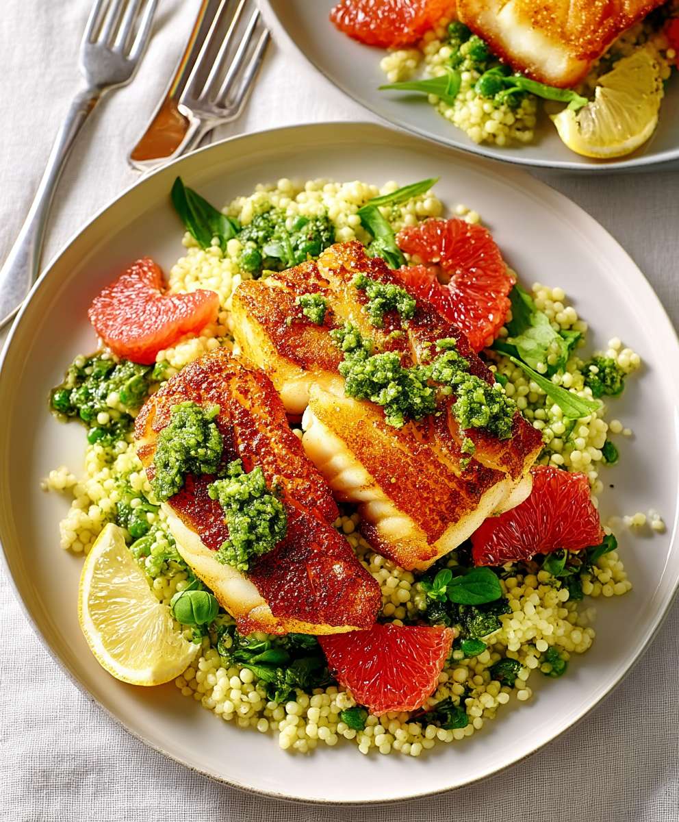 Couscous pesto pamplemousse et cabillaud