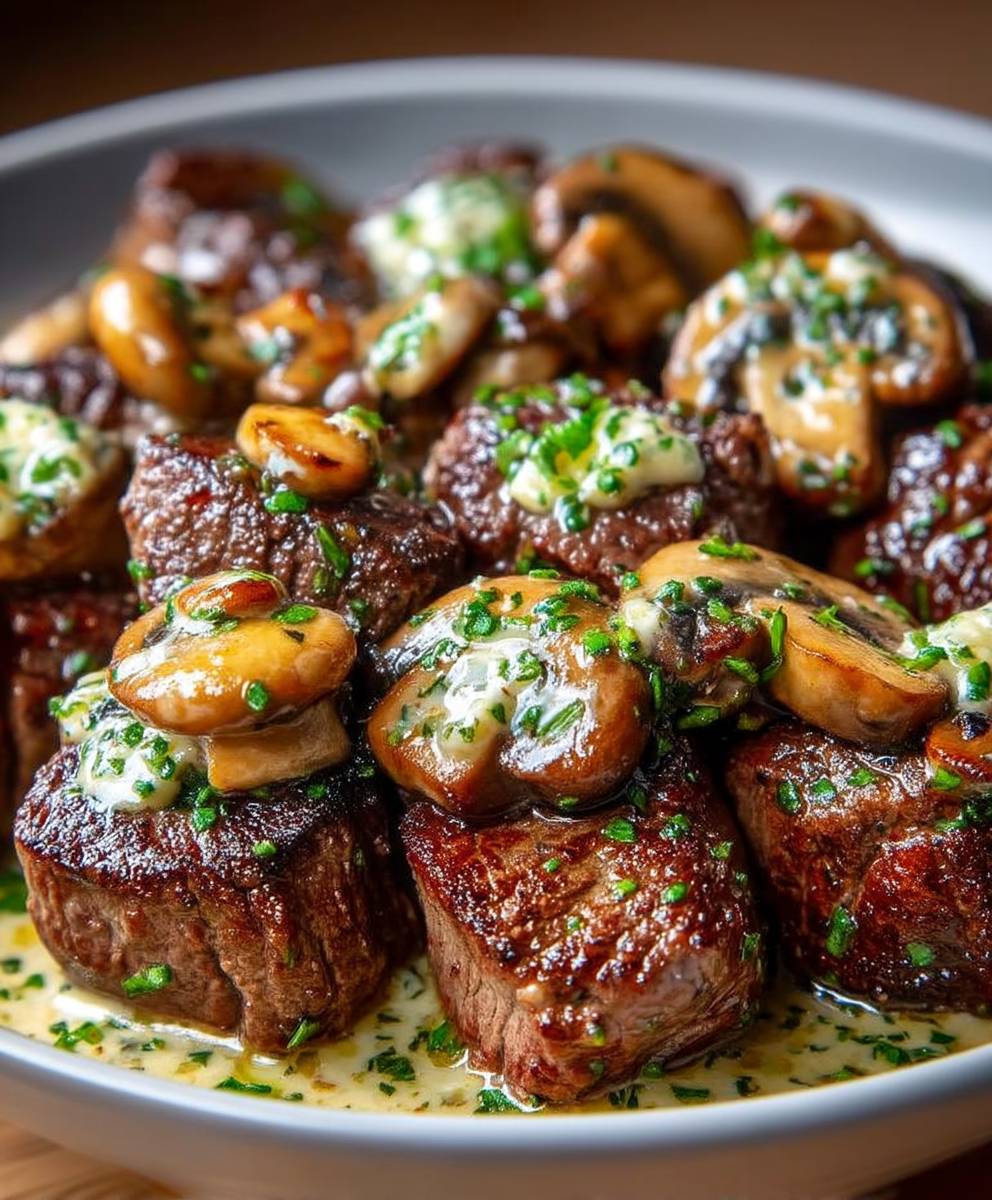 Bouchées steak beurre ail champignons