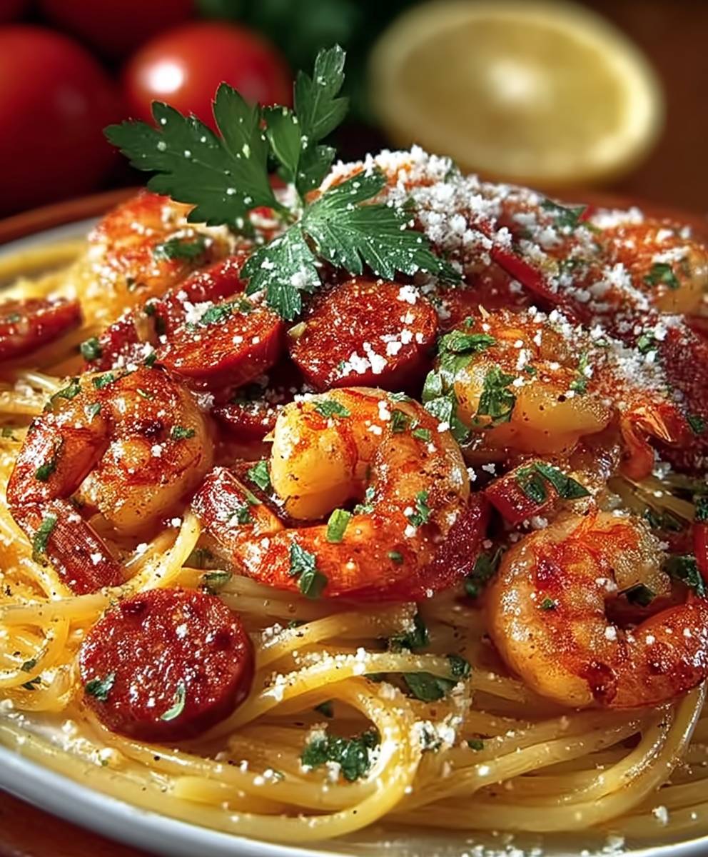Spaghetti crème poivron chorizo crevettes