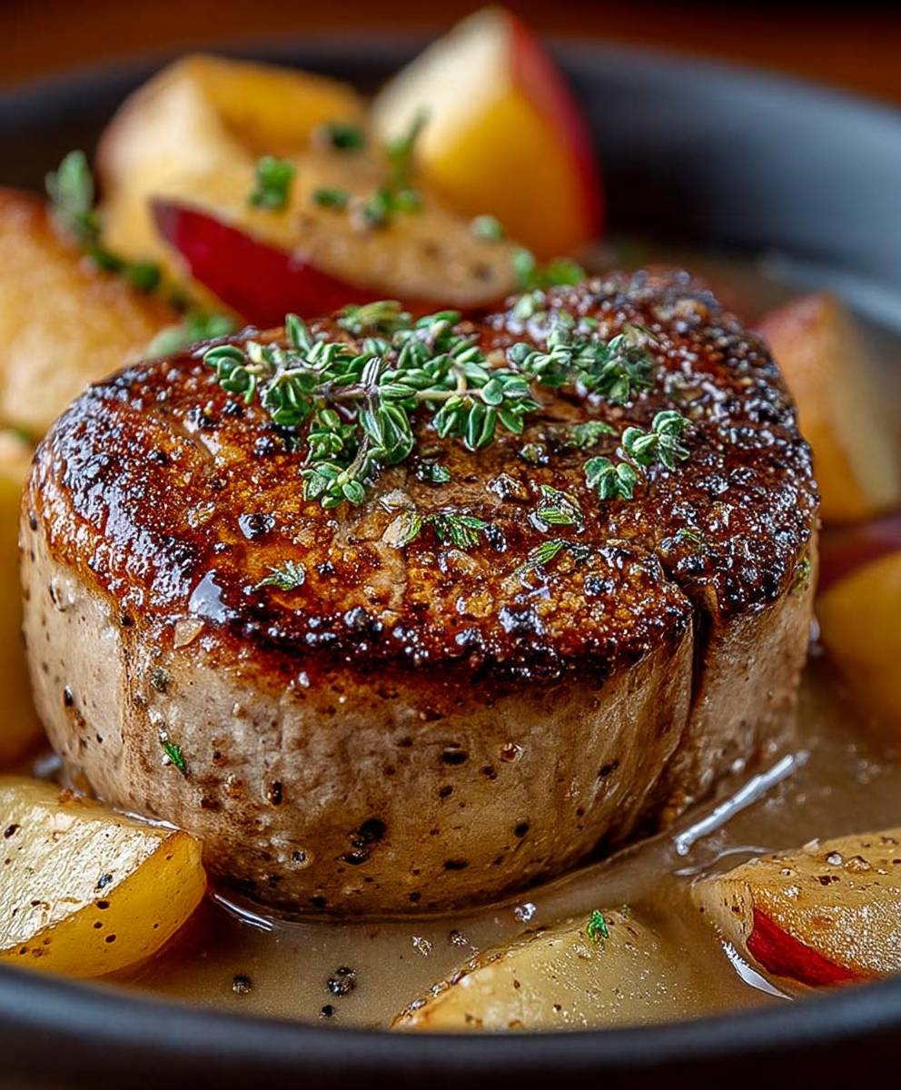 Filet mignon cidre pommes caramélisées