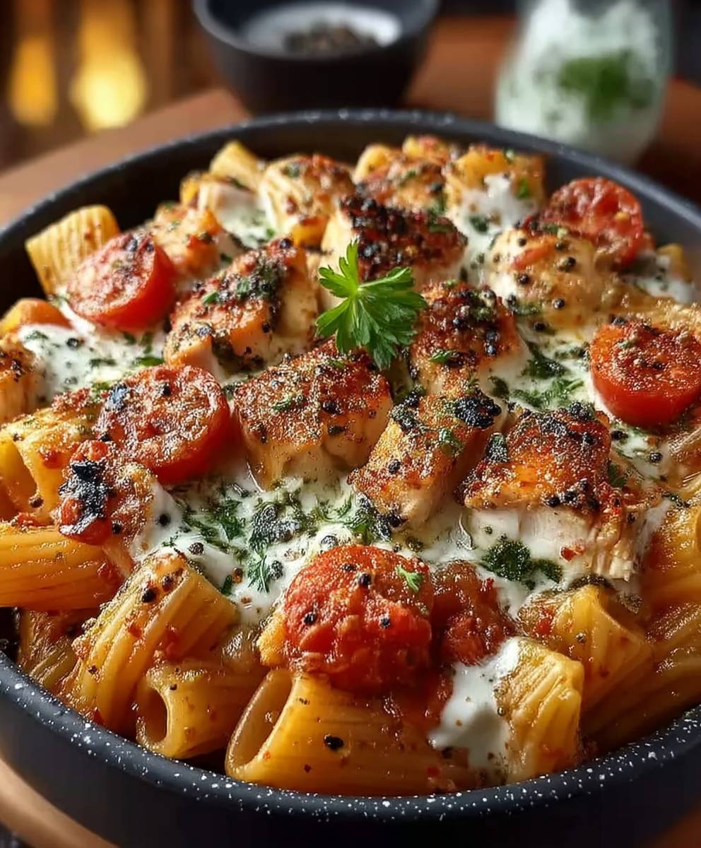 Pâtes poulet mozzarella tomates