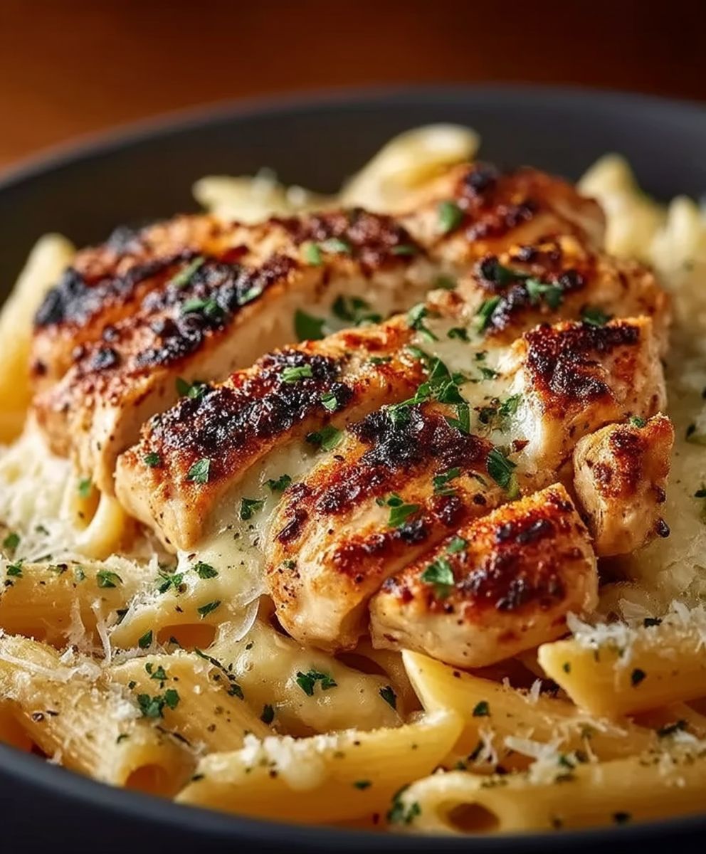 Pâtes poulet ail parmesan