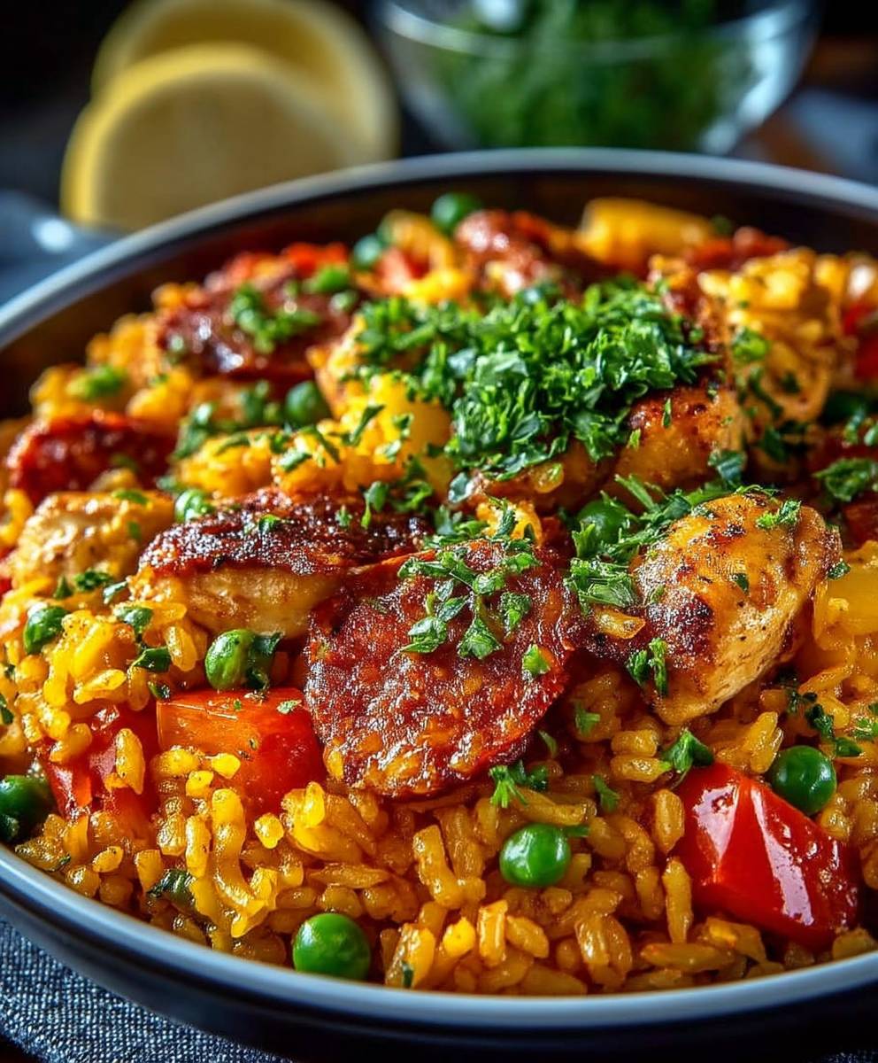 Paella au poulet et chorizo