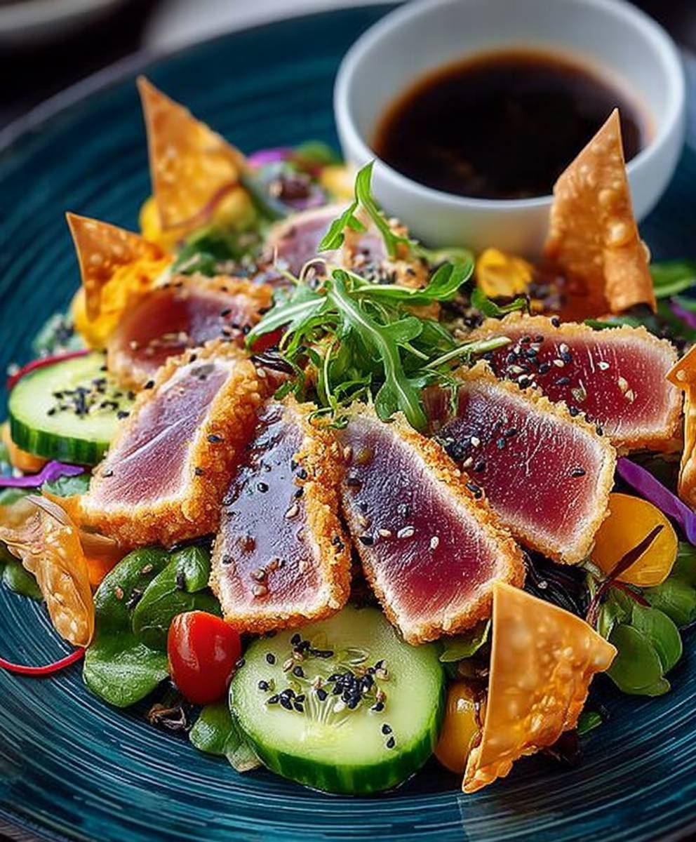 Salade thon poêlé vinaigrette gingembre