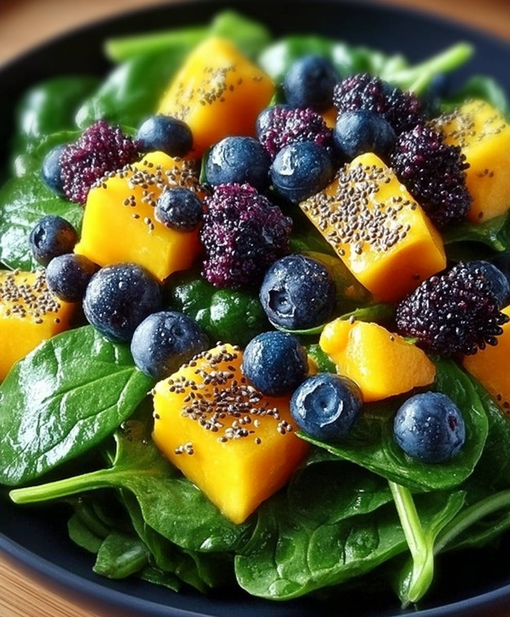 Salade mangue épinards myrtilles