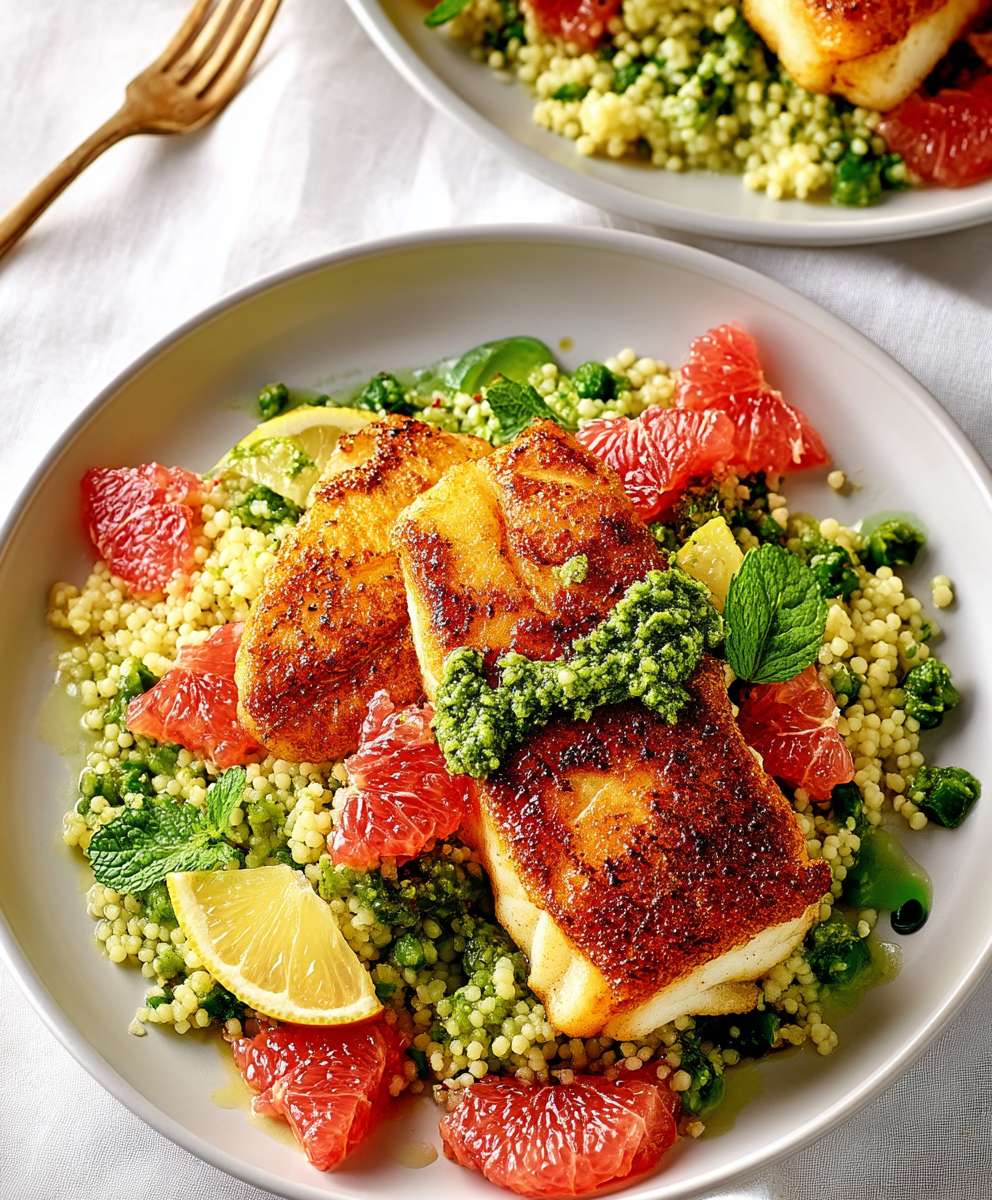 Couscous pesto pamplemousse et cabillaud