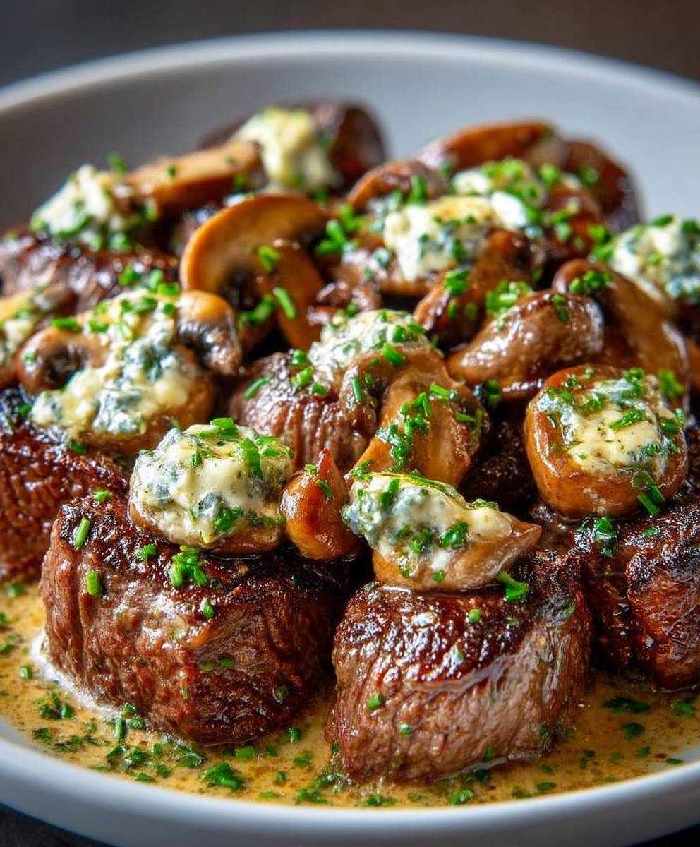 Bouchées steak beurre ail champignons
