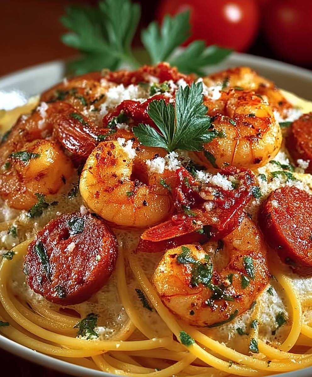 Spaghetti crème poivron chorizo crevettes