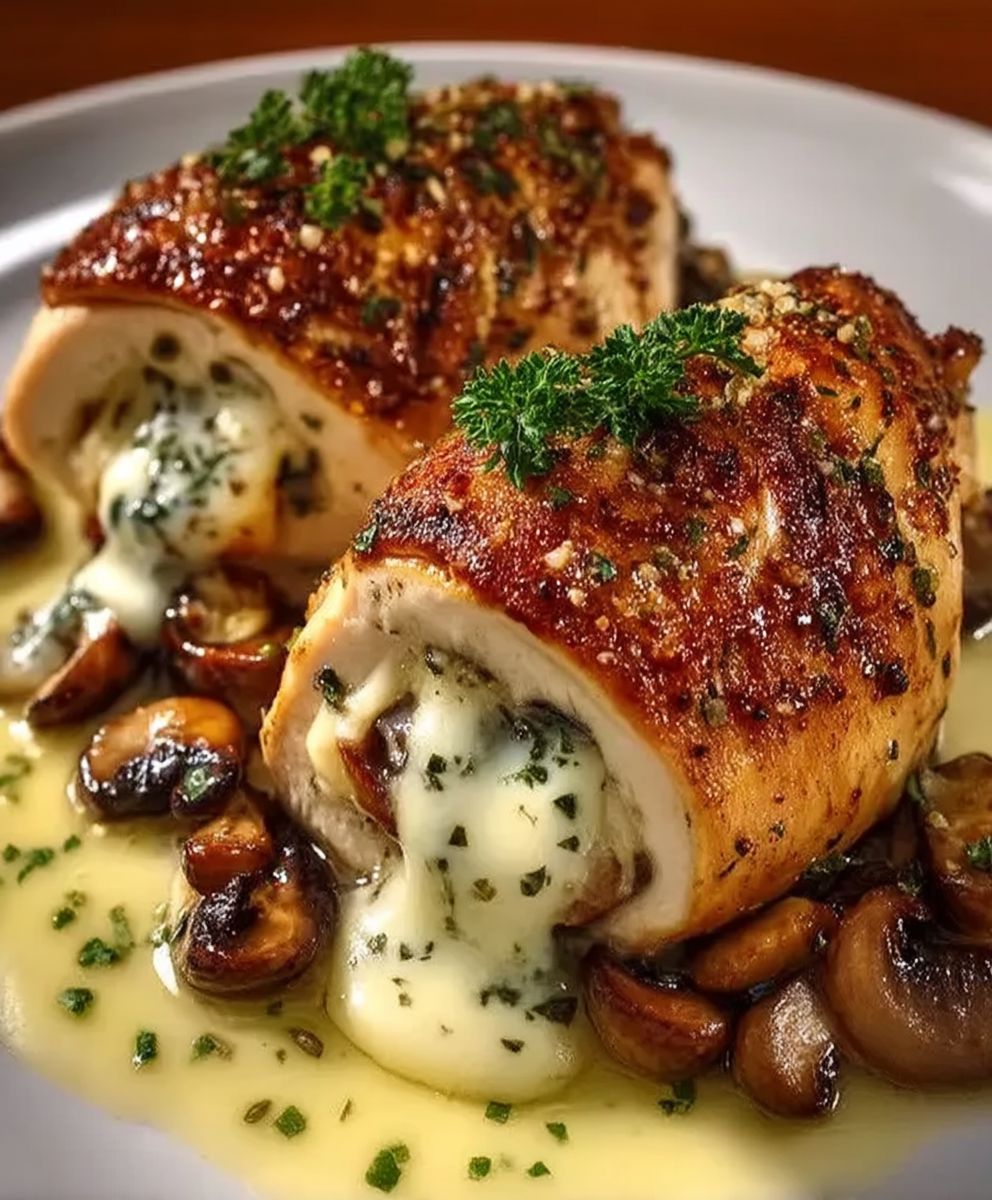 Poulet farci champignons ail fromage