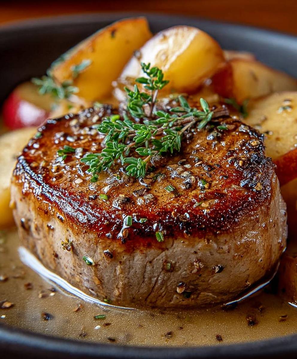 Filet mignon cidre pommes caramélisées