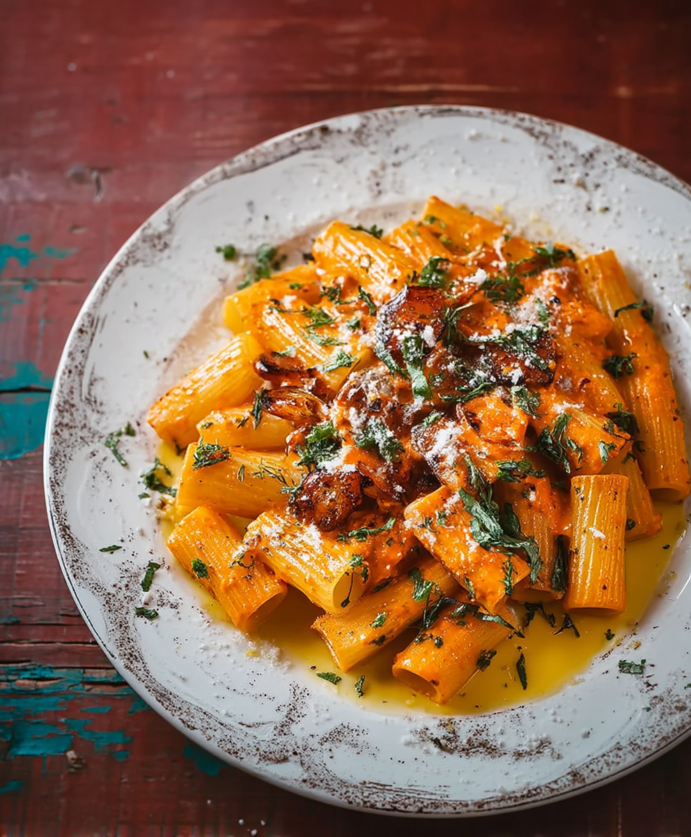 Rigatonis puree poivrons rouges