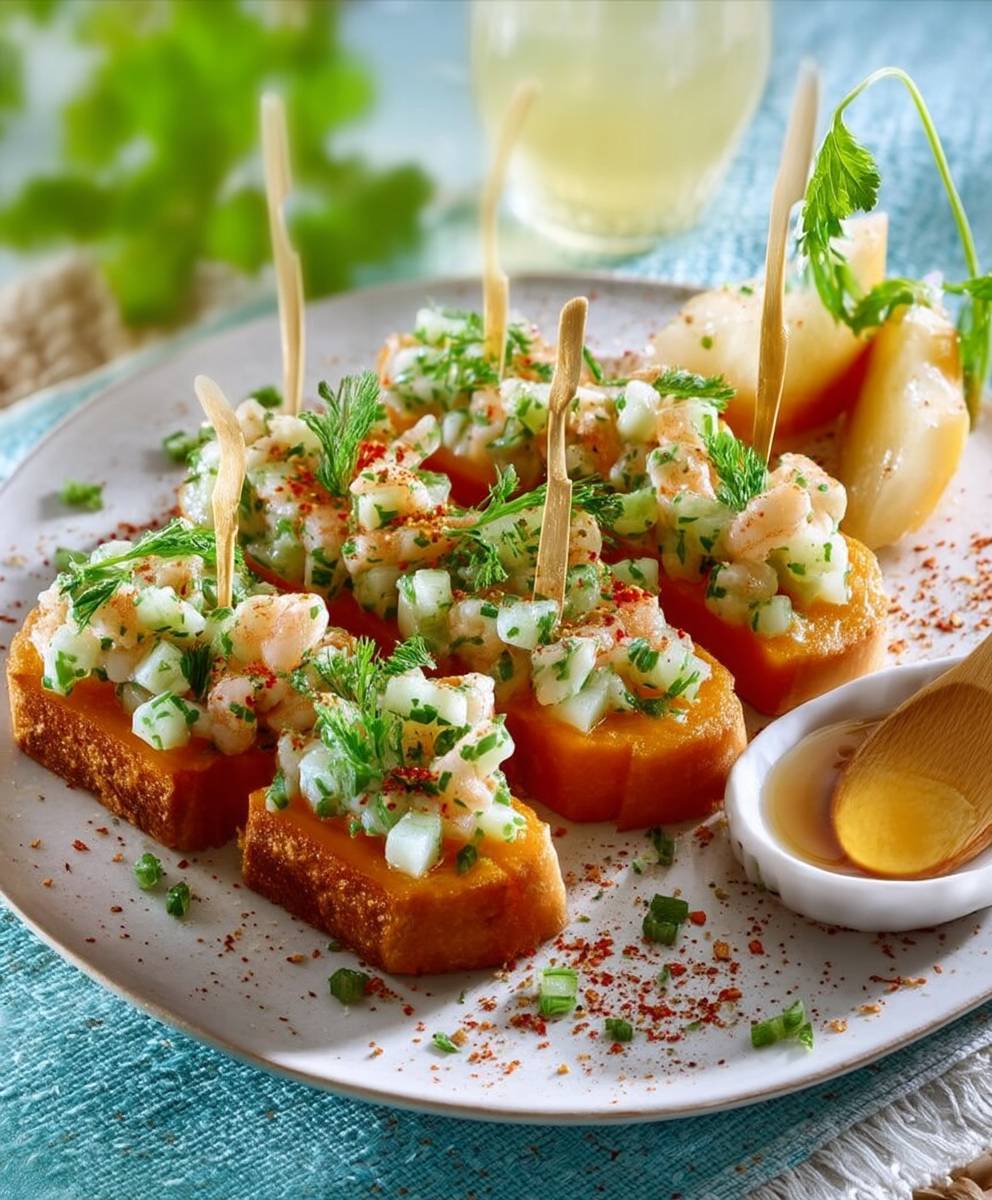 Tartare de crevettes melon toast
