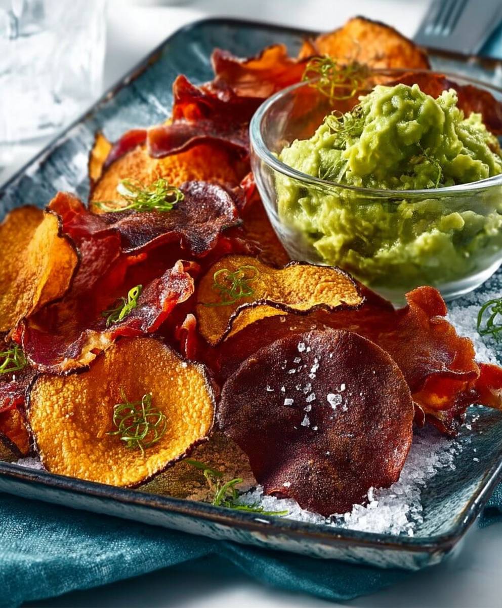 Guacamole et chips de légumes