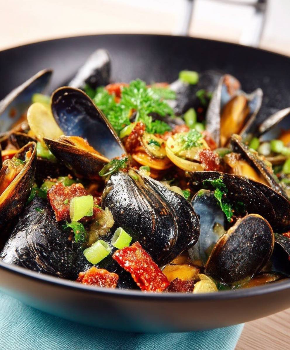 Moules chorizo piment Espelette wok