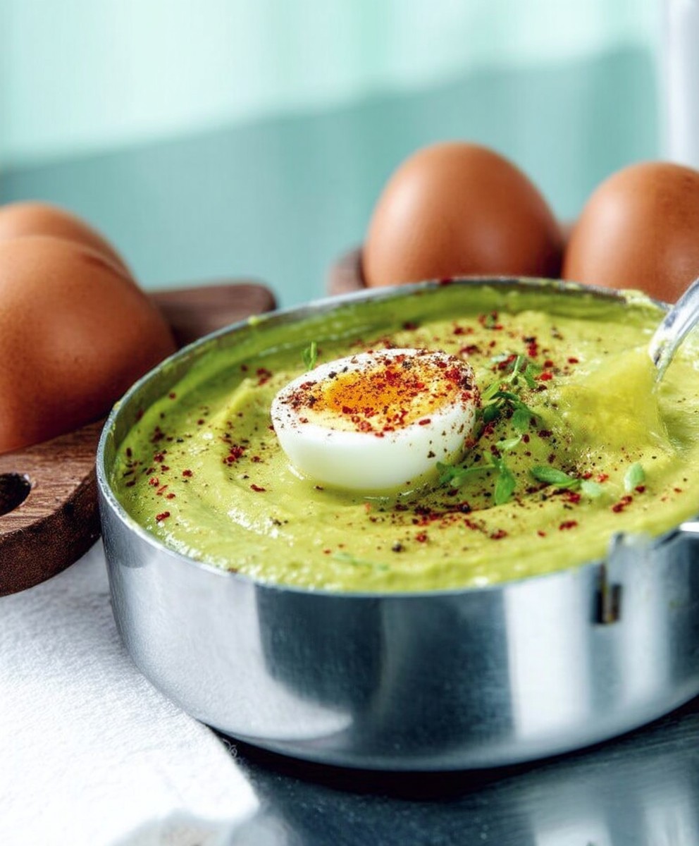 Velouté avocat oeuf mollet piment Espelette