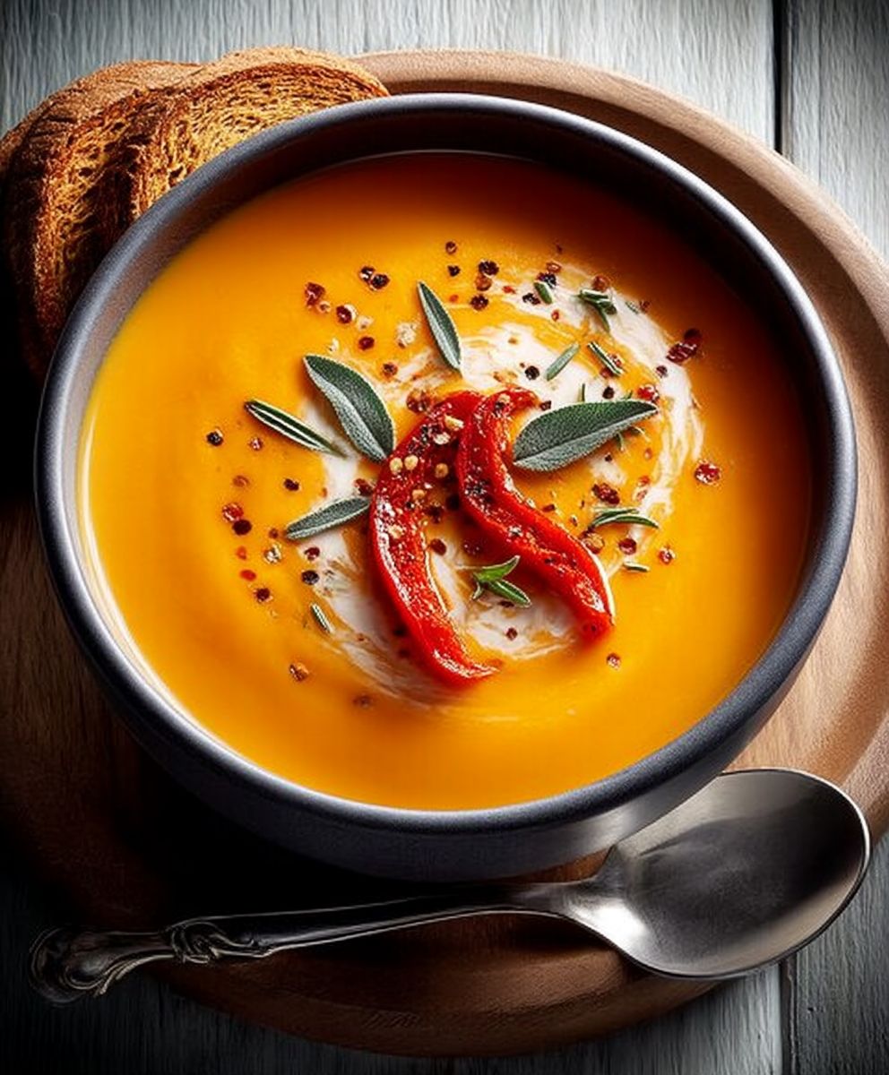 Soupe courge musquée poivrons rouges