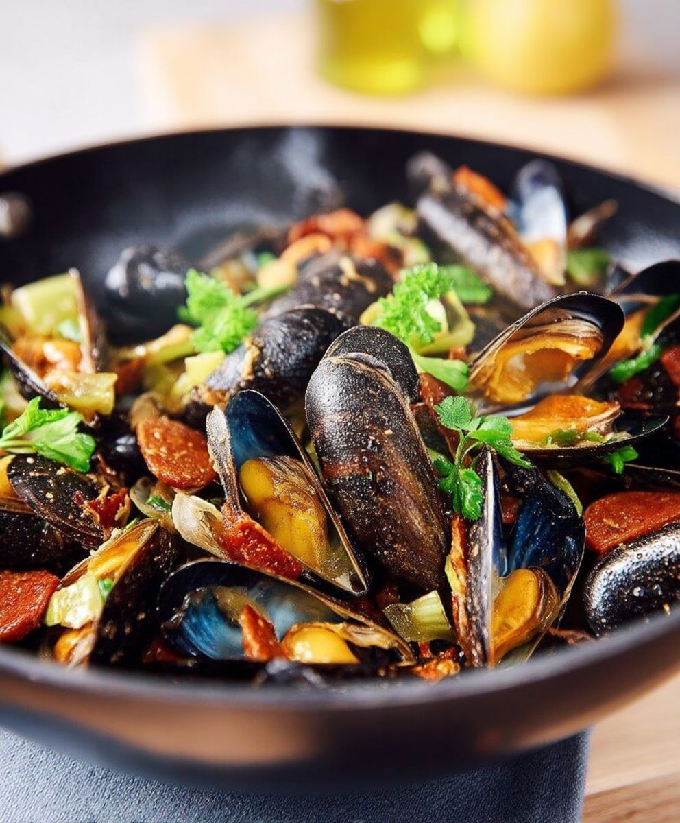 Moules chorizo piment Espelette wok