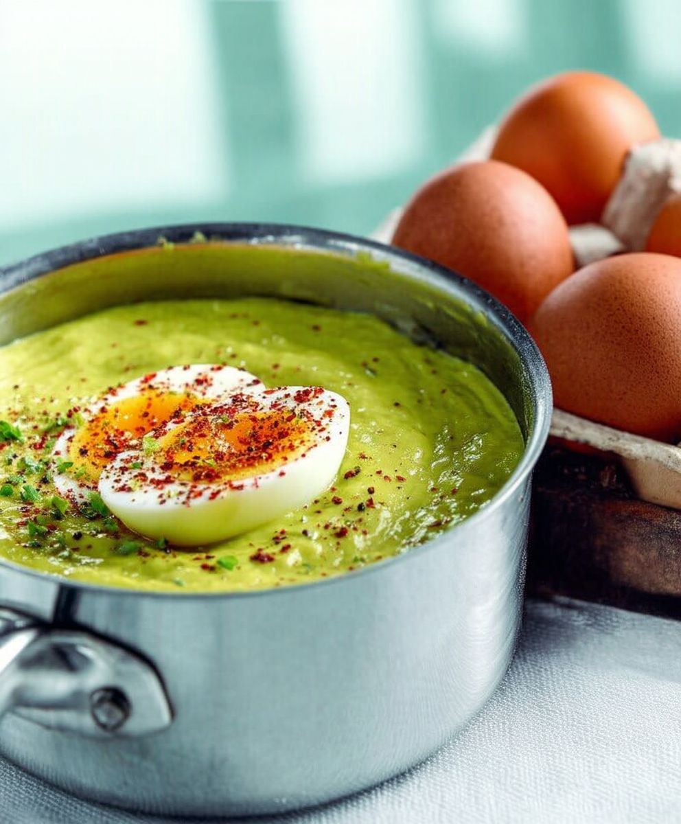 Velouté avocat oeuf mollet piment Espelette