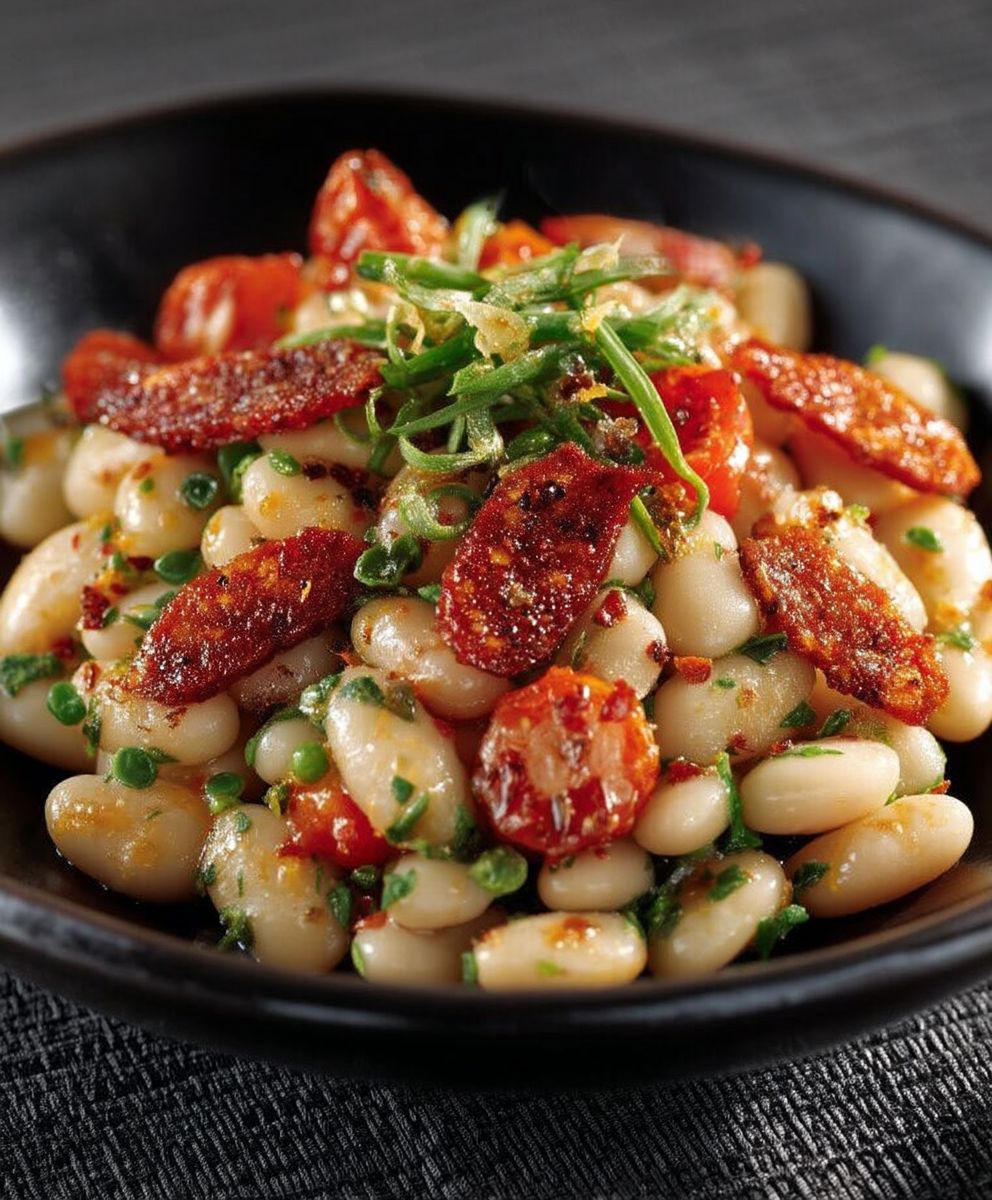 Salade haricots coco chorizo croustillant