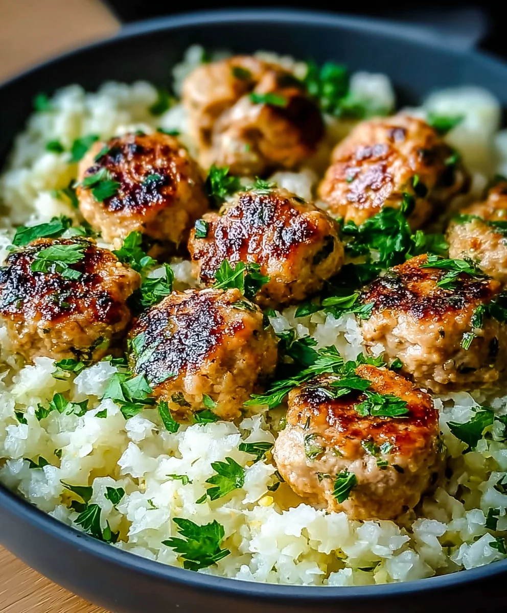 Boulettes de Poulet Ail-Beurre Savoureuses & Riz Chou-Fleur