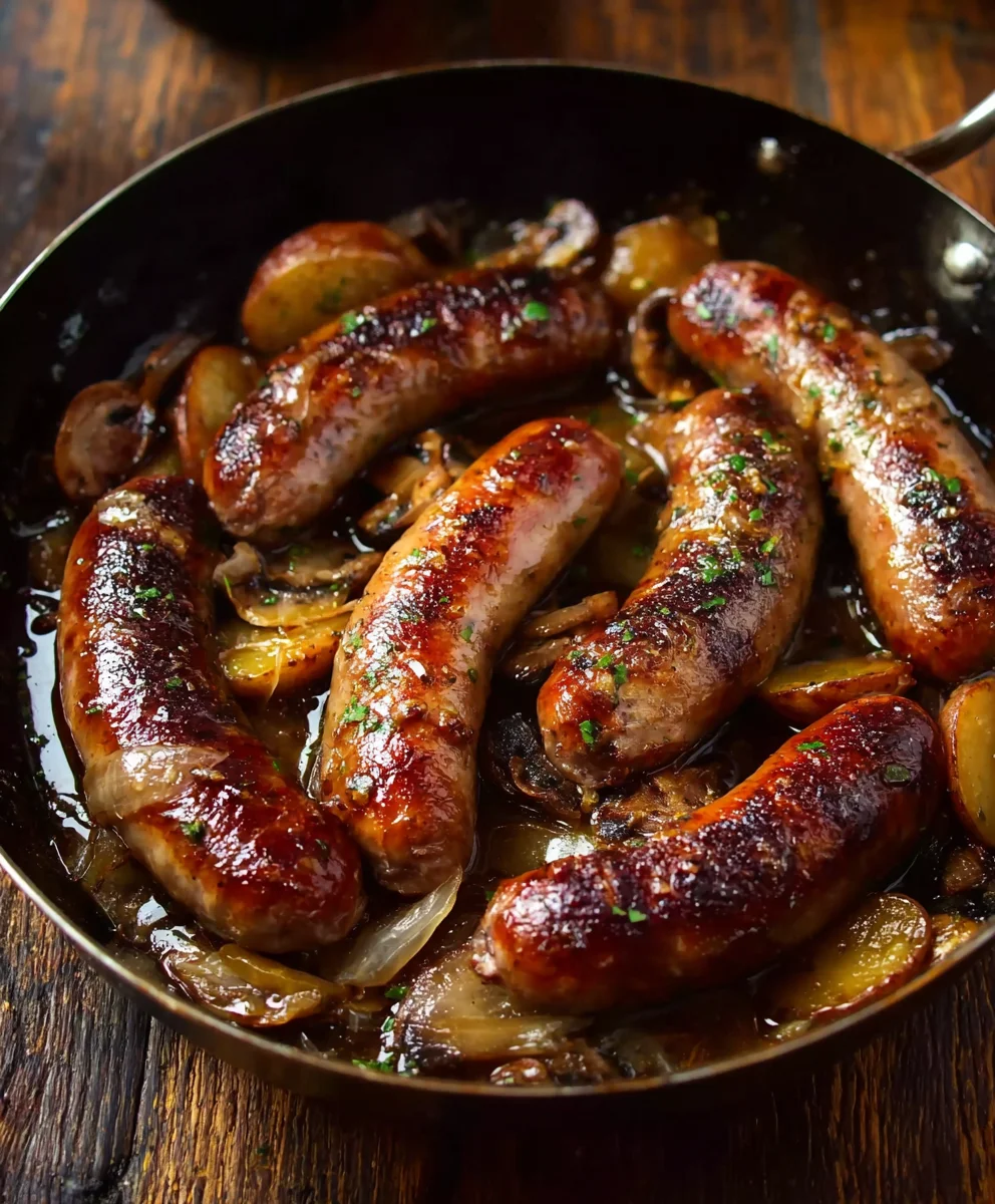 Délicieuses Saucisses Bœuf, Champignons & Pommes de Terre au Four